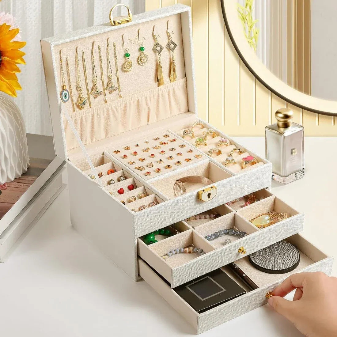 Luxury 3-Layer Leather Jewelry Organizer Box