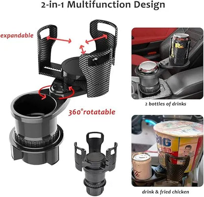 2-in-1 Car Cup Holder Expander 🥤🍟 | 360° Rotatable Dual Drink & Snack Organizer